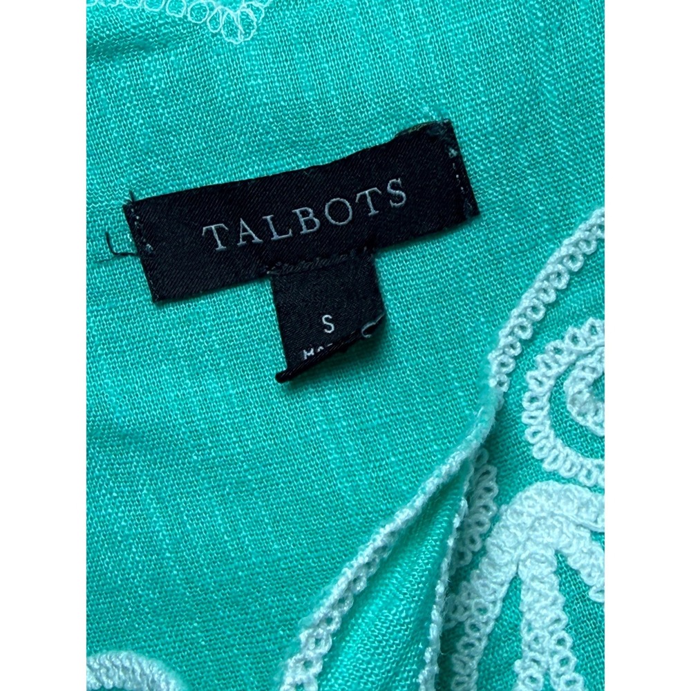 Talbots Turquoise Linen Blend Embroidered Scallop Shell Top Teal Womens Small - Picture 6 of 7